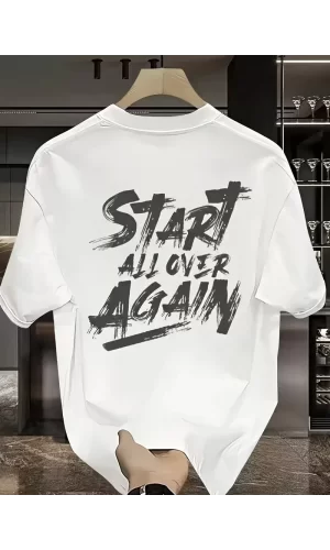 Luz&Pos 20/1 Penye Compack Start All Over Baskılı Oversize Bisiklet Yaka Kısa Kol Yazlık T-shirt - Beyaz