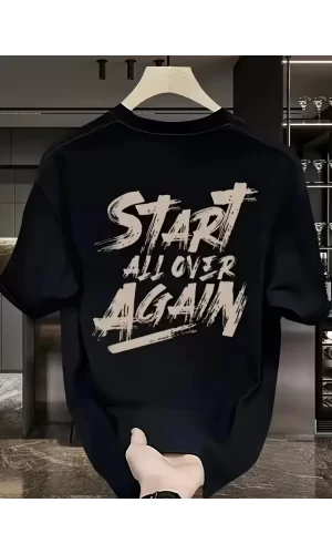 Luz&Pos 20/1 Penye Compack Start All Over Baskılı Oversize Bisiklet Yaka Kısa Kol T-shirt - Siyah