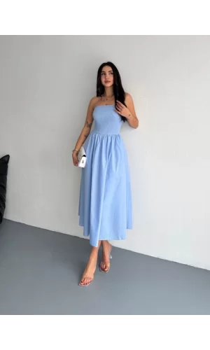 Straplez Pileli Elbise - Açık Mavi
