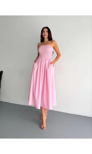 Straplez Pileli Elbise - Pembe