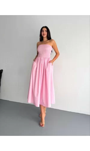 Luz&Pos Straplez Pileli Elbise - Pembe