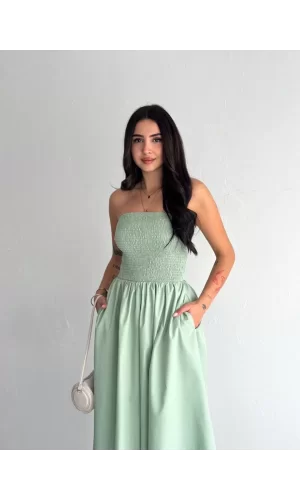 Luz&Pos Straplez Pileli Elbise - Su Yeşili