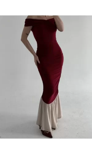 Luz&Pos Striptiz Omuzlu Uzun Elbise- Bordo