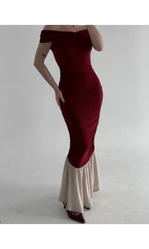 Striptiz Omuzlu Uzun Elbise- Bordo