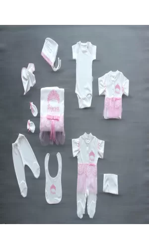 Luz&Pos Taçlı Prensesim Nakışlı  10lu Zıbın Takımı Hastane Çıkışı Pembe
