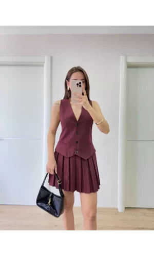Takım Görünümlu Yelekli Mini Elbise- Bordo