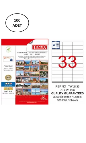 Tanex Lazer Etiket TW-2133 70x25 mm 100 Lü
