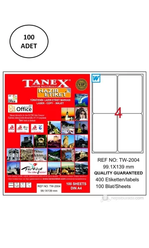 Tanex Tw-2004 Lazer Etiket 99X139 Mm 100 Adet