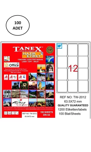 Tanex Tw-2012 Lazer Etiket 63X72 Mm 100 Adet