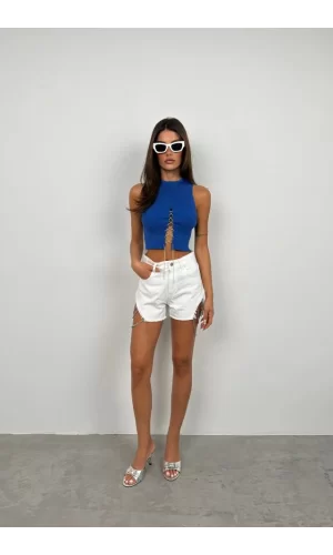 Taş Detay Dekolteli Crop Bluz