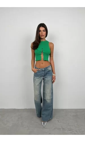Taş Detay Dekolteli Crop Bluz