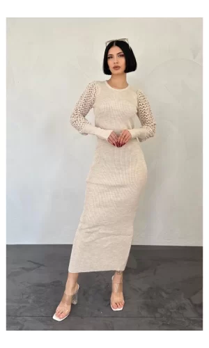 Taş Kolları Örgülü Triko Elbise
