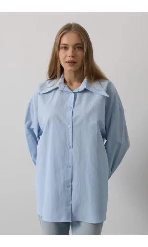 Taşlı Sivri Yaka Gömlek - Bebe Mavisi
