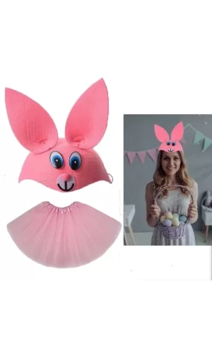 Tavşan Kostümü Pembe - 23 Nisan Tavşan Şapka Ve Tütü Etek Seti 2 Parça