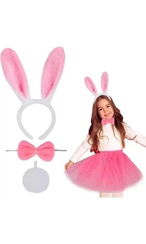 Tavşan Tacı Eteği Papyonu Ve Kuyruk Kostüm  Seti Pembe Renk Çocuk Boy