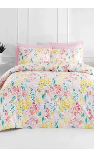 Tek Kişilik Pamuklu Nevresim Takımı Fitted Çarşaflı Lastikli Frida Pink Puff
