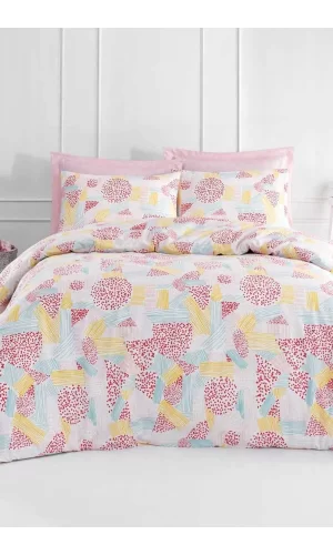 Tek Kişilik Pamuklu Nevresim Takımı Fitted Çarşaflı Lastikli Liv Pink Puff