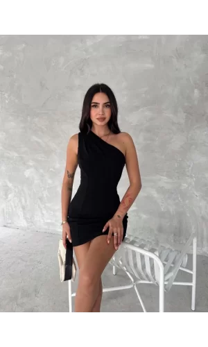 Tek Omuzlu Kolsuz Mini Boy Elbise - Siyah