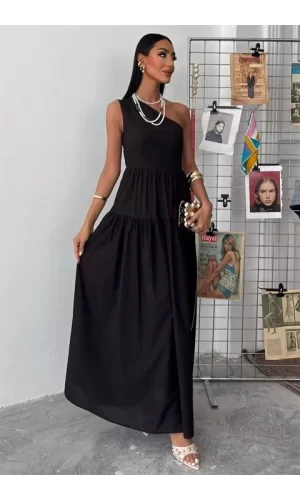 Tek Omuzlu Pile Detay Maxi Elbise 2895