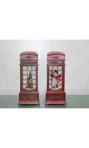 Telefon Kulübesi Tasarımlı Yılbaşı Temalı Işıklı Müzikli Kar Küresi Model 2