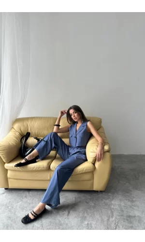 TENCEL CROP KOLSUZ GÖMLEK - PANTOLON TAKIM - İndigo