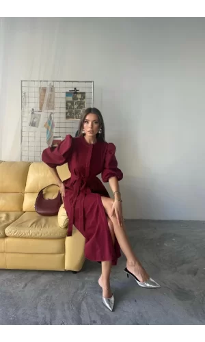 TENCEL KARPUZ KOL ELBİSE - Bordo