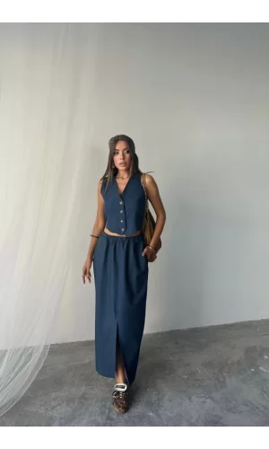 TENCEL YELEK - YIRTMAÇLI ETEK TAKIM - İndigo
