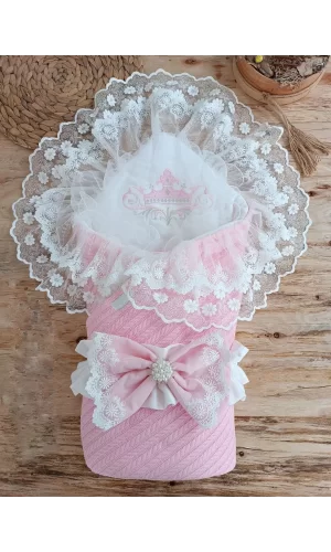 Luz&Pos Tericotton Taç Nakışlı İncili Güpür Çift Fiyonk Papatya Güpür Trilüks Kundak Bebek Battaniyesi Pembe