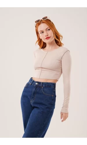 Ters Dikişli Basic Krem Body Bluz