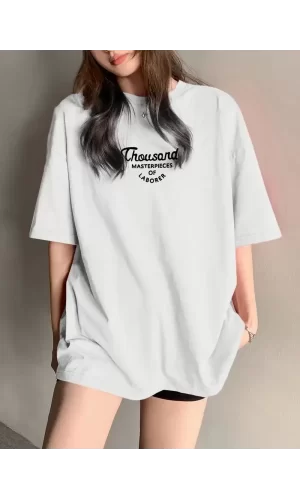 Luz&Pos Thousand Ön Arka Baskılı Oversize Bisiklet Yaka T-shirt - Beyaz