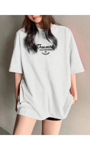 Thousand Baskılı Oversize Bisiklet Yaka T-shirt - Beyaz