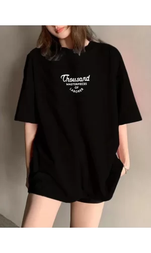 Thousand Baskılı Oversize Bisiklet Yaka T-shirt - Siyah