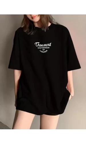 Luz&Pos Thousand Ön Arka Baskılı Oversize Bisiklet Yaka T-shirt - Siyah
