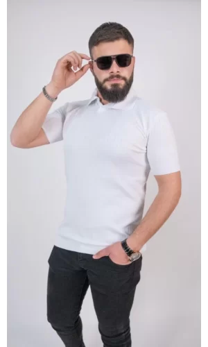 Triko Dokuma Yakalı T-shirt - Beyaz