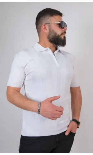 Triko Dokuma Yarım Fermuarlı Yakalı T-shirt - Beyaz