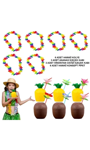 Tropikal Hawaii Parti Malzemeleri – Kolye, Pipet, Bardak Seti