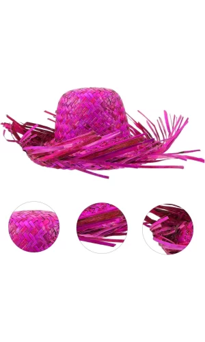 Tropikal Parti Pembe Fuşya Hasır Hawaii Şapkası 13x36 Cm