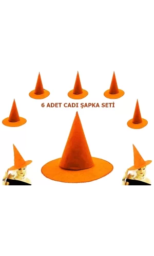 Turuncu Renk Keçe Cadı Şapkası Yetişkin Çocuk Uyumlu 6 Adet
