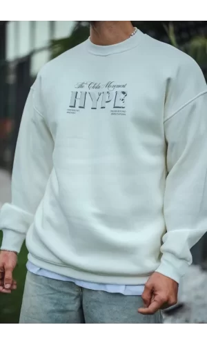 Luz&Pos Üç İplik Bisiklet Yaka Baskılı Sweatshirt - Beyaz