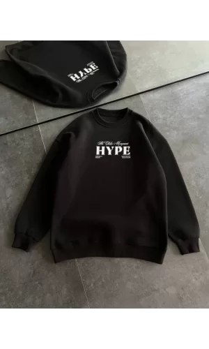 Üç İplik Bisiklet Yaka Baskılı SweatShirt - Siyah