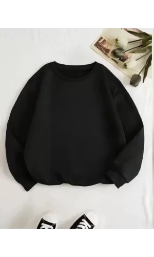 Üç İplik Biskilet Yaka Basic SweatShirt - Siyah