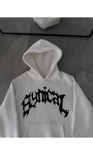 Üç İplik Kapşonlu Baskılı Oversize SweatShirt-  Beyaz