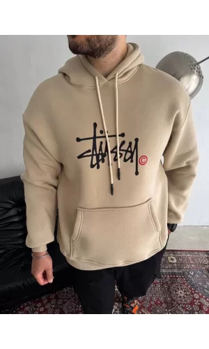 Luz&Pos Üç İplik Kapşonlu Baskılı Sweatshirt - Bej