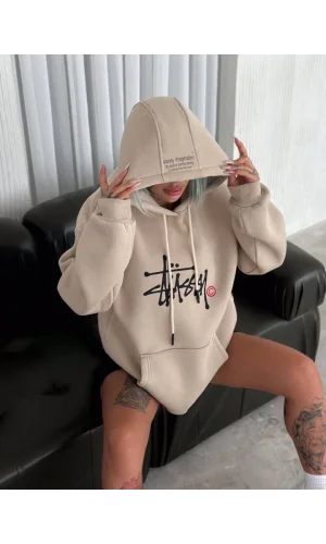 Üç İplik Kapşonlu Baskılı SweatShirt - Bej