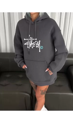 Luz&Pos Üç İplik Kapşonlu Baskılı Sweatshirt - Füme