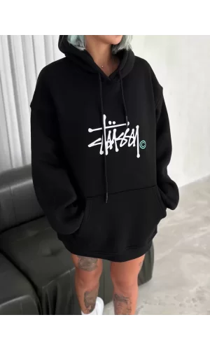 Luz&Pos Üç İplik Kapşonlu Baskılı Sweatshirt - Siyah