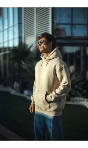 Luz&Pos Üç İplik Penye Kapşonlu Basic Sweatshirt - Bej