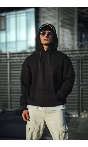 Luz&Pos Üç İplik Penye Kapşonlu Basic Sweatshirt - Siyah
