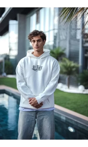 Luz&Pos Üç İplik Penye Kapşonlu Baskılı Sweatshirt - Beyaz