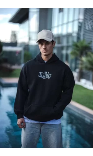 Luz&Pos Üç İplik Penye Kapşonlu Baskılı Sweatshirt - Siyah